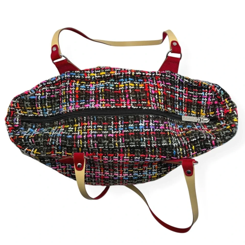 O Bag Tweed Fabric Tote‎ Bag Red Velvet Handles Medium Ready to Use Boho EUC